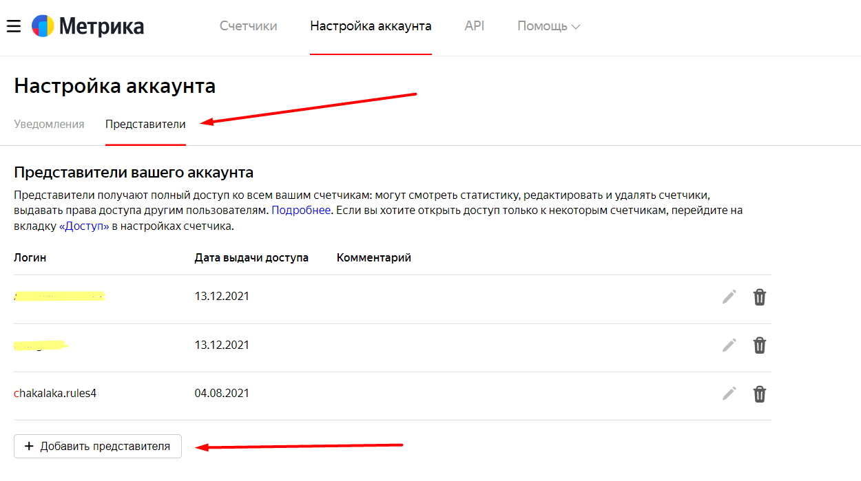 Окно с представителями аккаунта