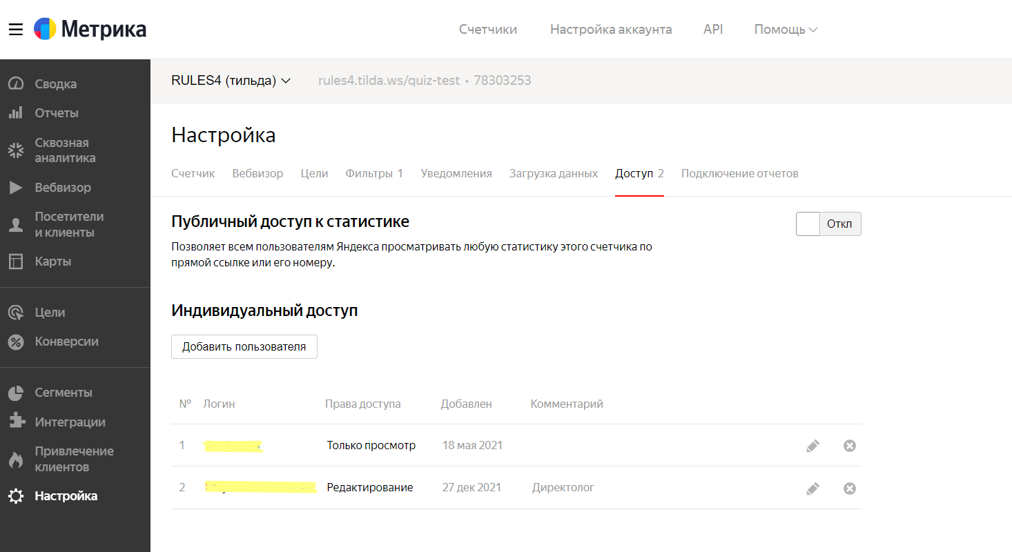 Вкладка доступы в настройках счетчика